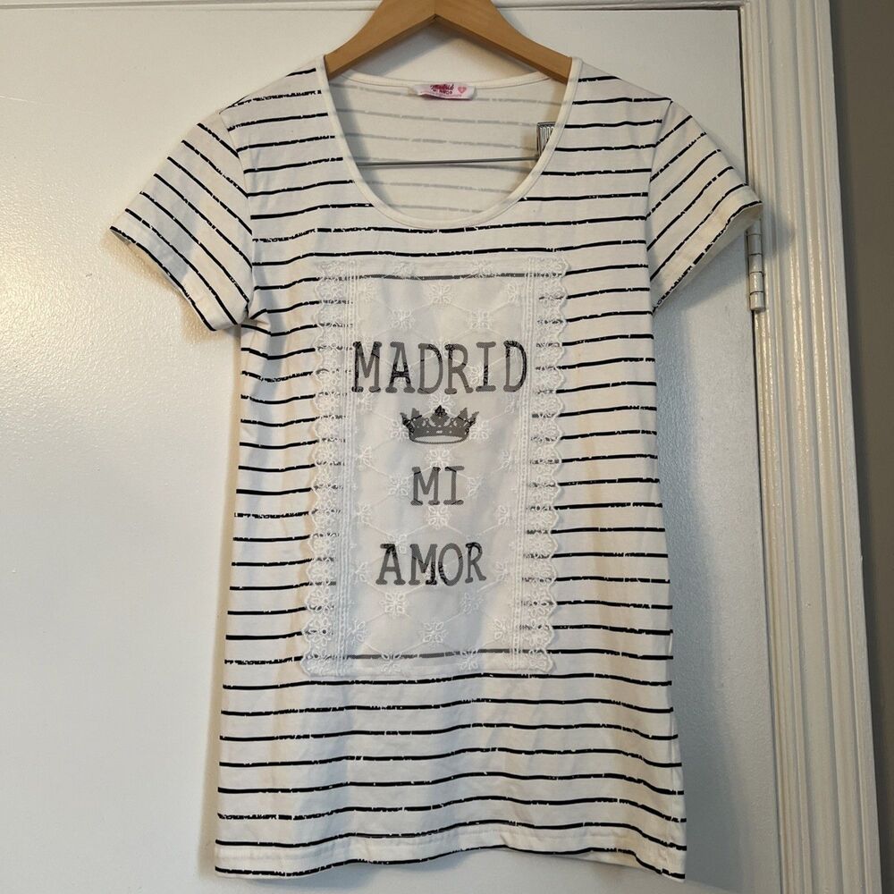 Madrid Mon Amour Sz S Top Women White Black Stripe Lace T Shirt EXCELLENT